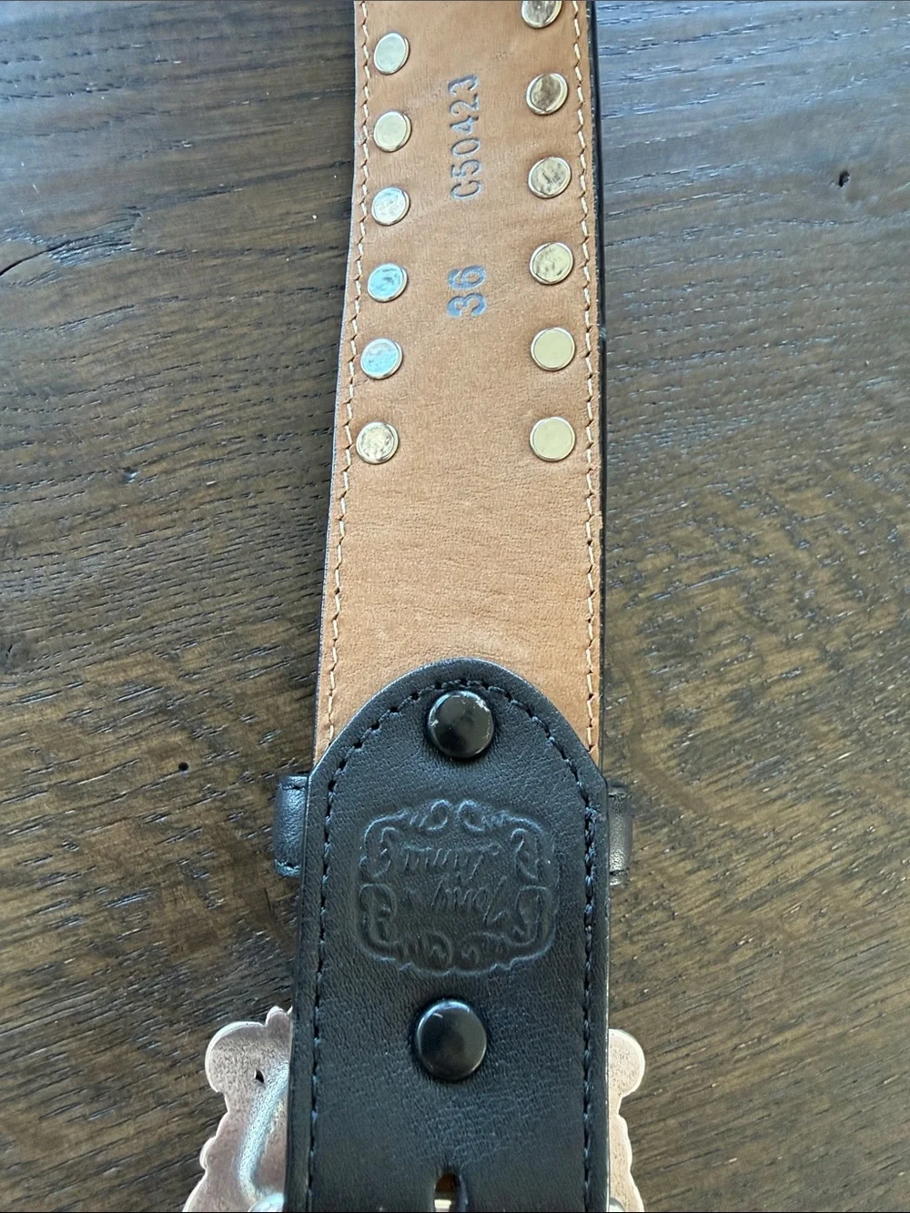 Tony Lama Studded Black Leather Belt with Ornate Rhinestone Buckle